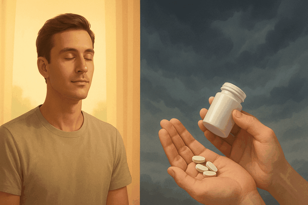"Split-screen showing calm focus on one side and uncertainty on the other, symbolizing effects of the best GABA supplement for ADHD"