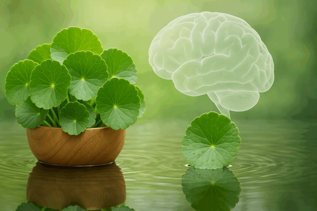 Gotu kola beside calm water with brain imagery overlay, emphasizing its calming focus benefits as a best herb for ADHD candidate.