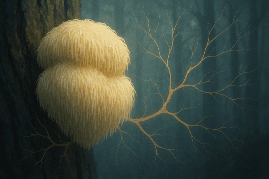Illustration of brain pathways glowing with herbal icons like Ginseng and Bacopa, showcasing research behind the best herb for ADHD