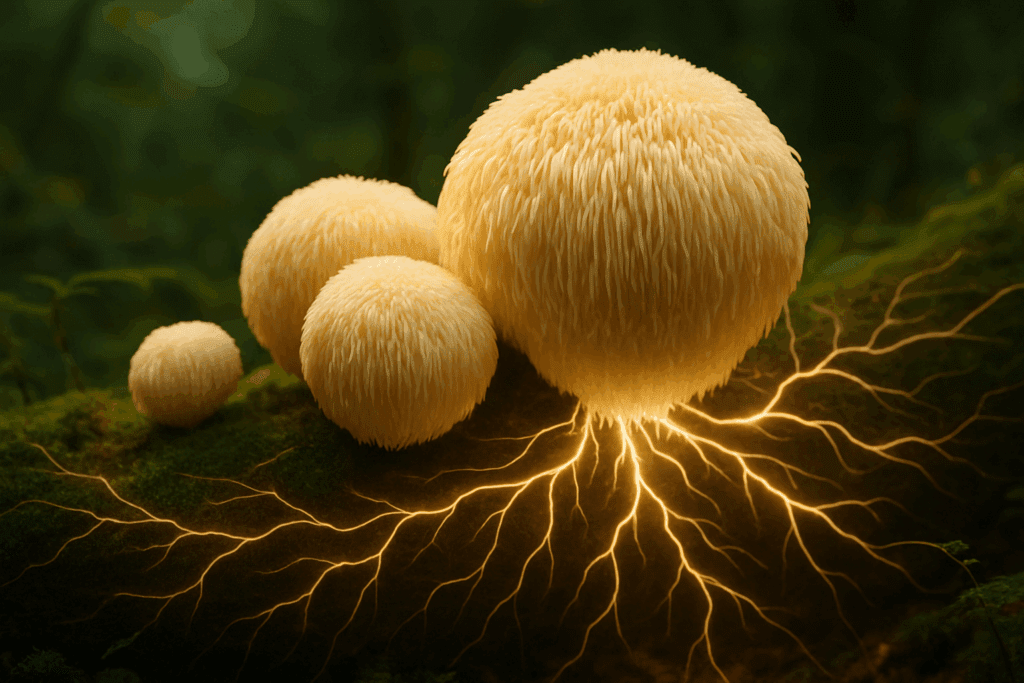 Lion’s Mane mushrooms on forest log with glowing neural roots, visually emphasizing neurogenesis from the best herb for ADHD.