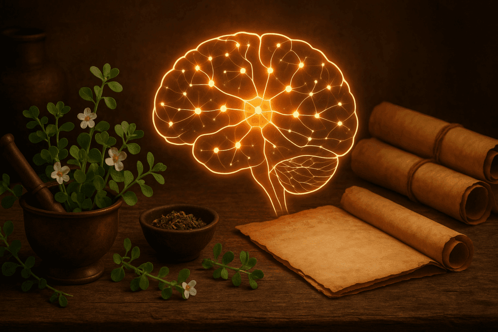 Traditional Ayurvedic setting with bacopa monnieri and neural imagery, depicting its use as the best herb for ADHD and cognitive enhancement.