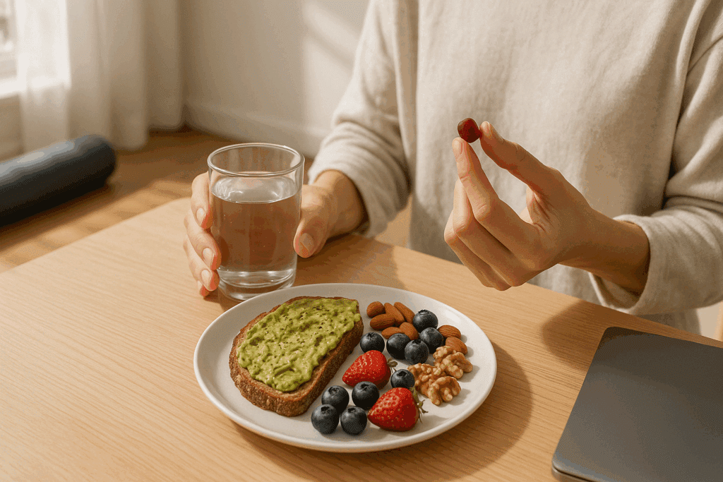 Person holding one of the best gummies for brain health with a glass of water at a breakfast table featuring avocado toast, berries, and nuts in morning sunlight.