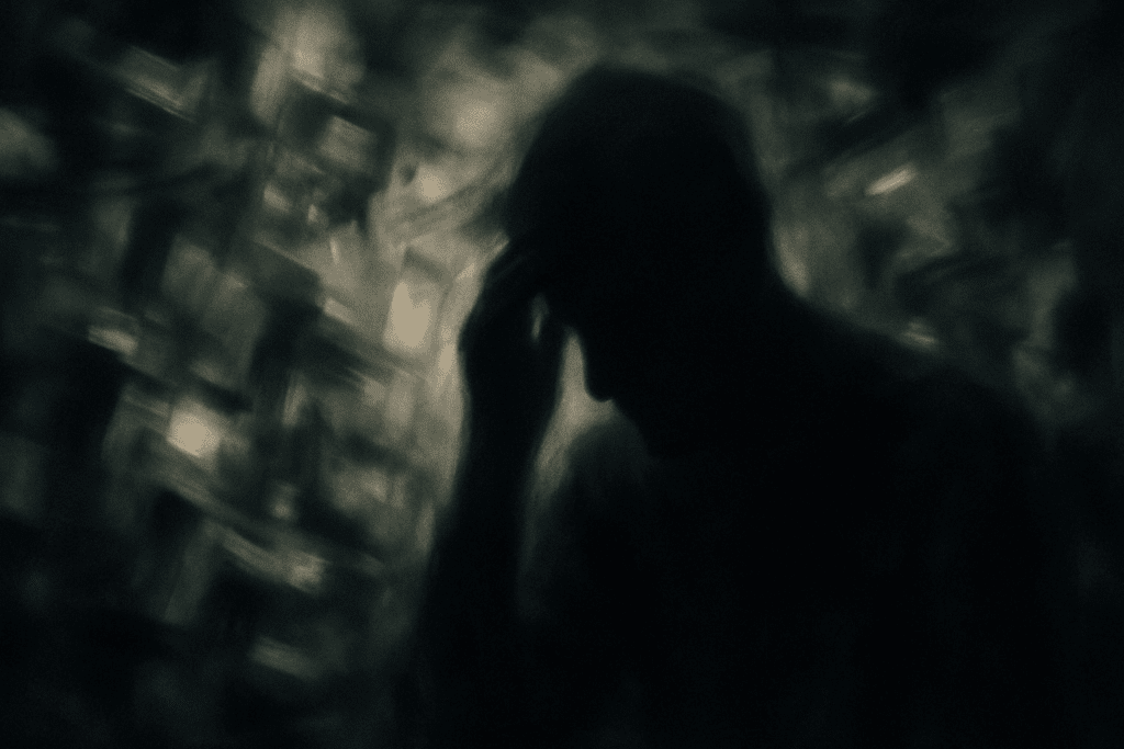 "Abstract representation of mental distress with a shadowy figure and fragmented visuals, symbolizing side effects in the context of Does Donepezil Really Help with Dementia"