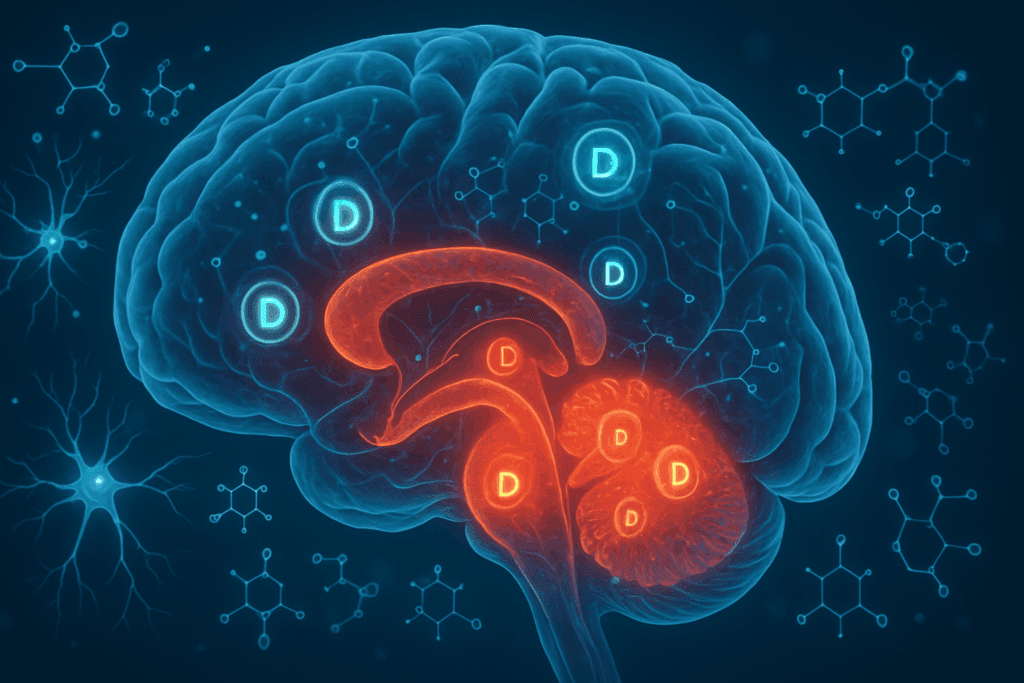 "Highlighted brain regions showing vitamin D receptors, exploring how can too much vitamin D cause dementia through neurological pathways"