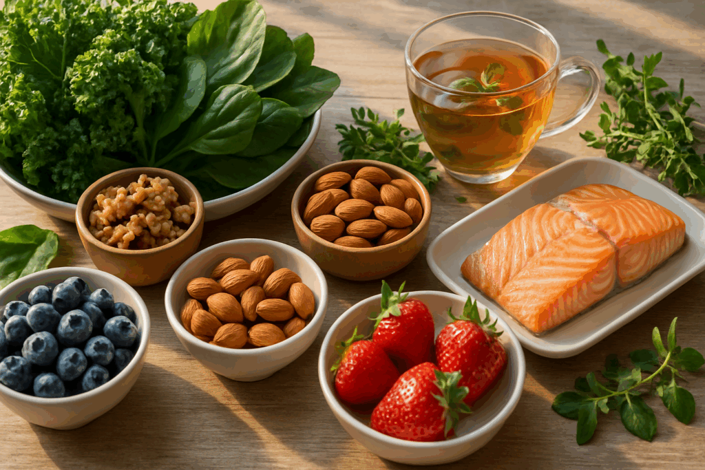 Nutrient-dense table spread with leafy greens, berries, nuts, and herbal teas to support brain health and enhance the best herb for ADHD effects.