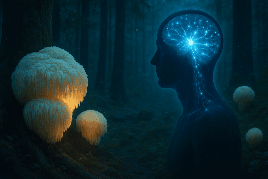 Lion’s Mane mushroom in forest with glowing neural pathways, highlighting brain repair and the best herb for ADHD