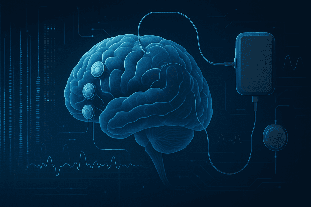 High-tech concept of neurostimulation with brain-computer interface, highlighting future therapies complementing the Top Science-Backed Herbs for ADHD in Women.