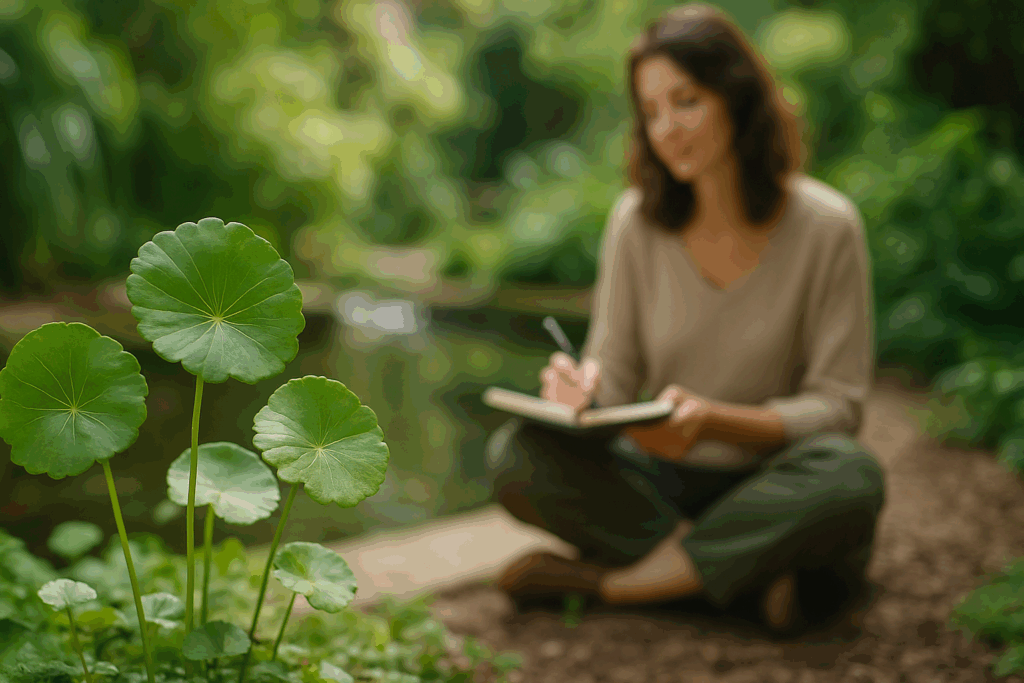 Gotu Kola leaves with a calm woman journaling in the background, showcasing emotional balance benefits of the best herb for ADHD.