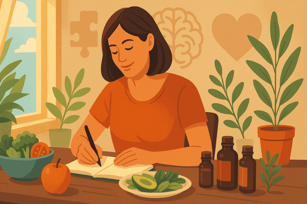 Scandinavian landscape with Rhodiola plants and a woman hiking, representing natural energy from top science-backed herbs for ADHD in women.