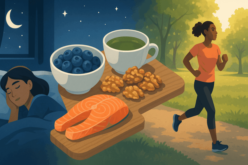Scene showing sleep, nutritious food, and exercise as lifestyle factors affecting how long does it take to memorize something effectively.