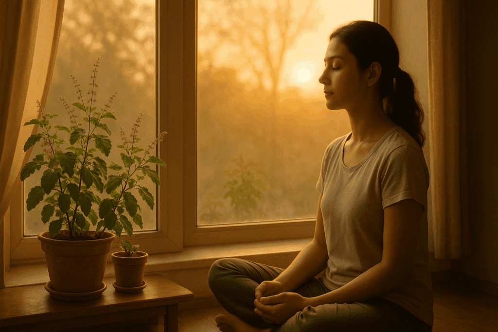 Peaceful indoor scene with Holy Basil near a window, emphasizing emotional balance provided by herbs for ADHD in women