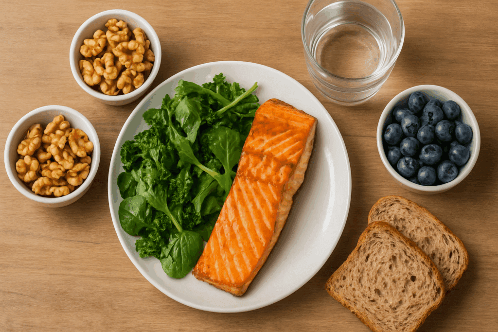 Healthy brain-boosting foods including salmon, leafy greens, and berries on a wooden table, linked to diet and the meaning of forgetfulness.