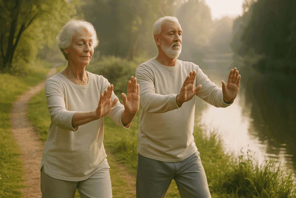 Elderly woman meditating near a pond with serene surroundings, practicing mindfulness to reduce anxiety and memory loss in elderly adults.