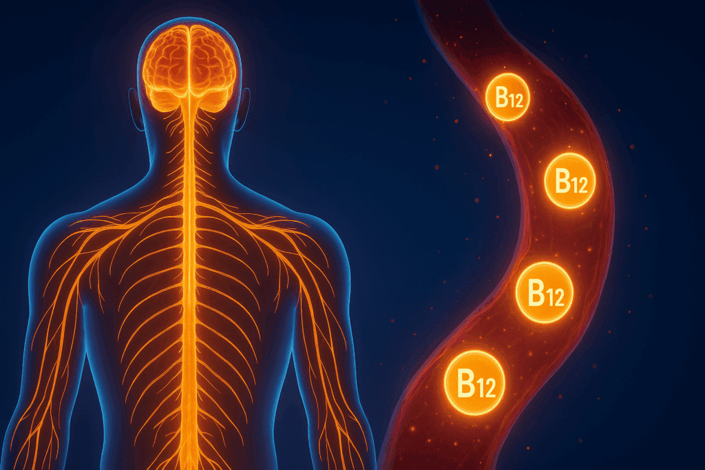 Close-up of healthy neurons with protective myelin sheath, suggesting a biological basis behind the question: does vitamin B12 help with memory.
ALT Text:
Infographic-style visual comparing cognitive performance with and without B12, directly addressing does vitamin B12 help with memory.