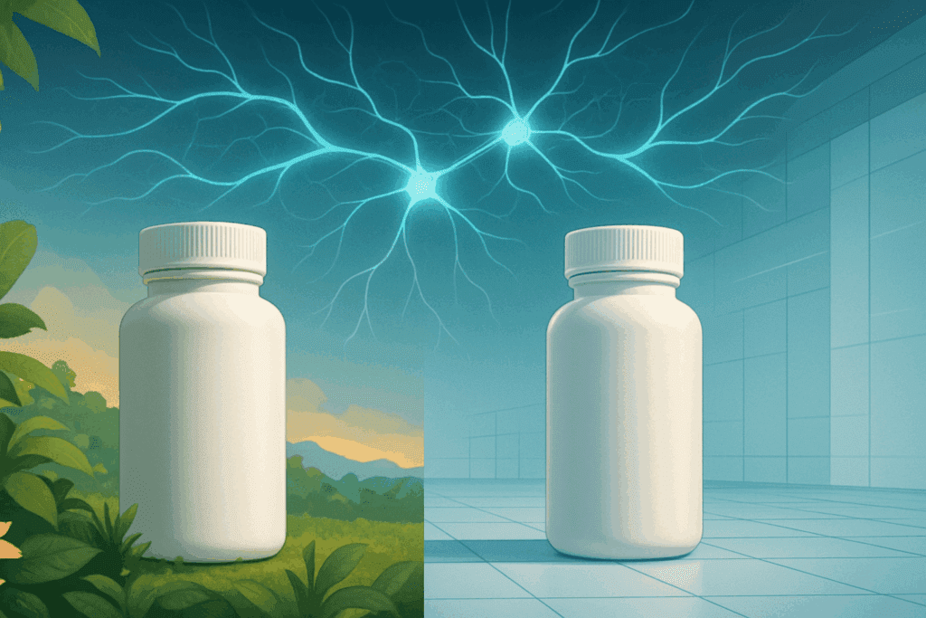 Abstract visual for Mindhoney Reviews showing two generic nootropic bottles facing each other across a split scene—lush nature on one side, high-tech lab on the other—connected by glowing neural pathways.