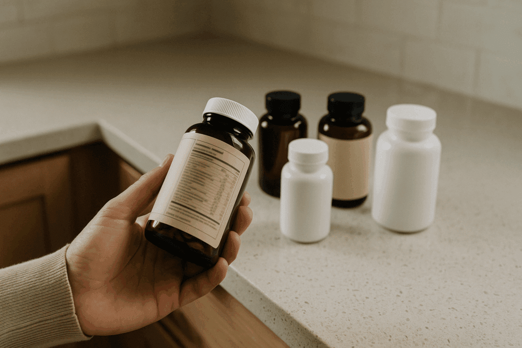 Person examining ageless brain supplements bottle label on a kitchen counter with other unbranded bottles in soft natural light
