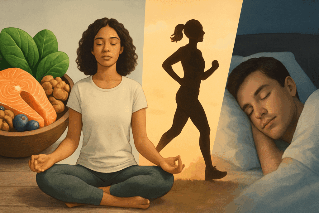 Healthy lifestyle collage showing brain-boosting foods, sleep, exercise, and mindfulness—all part of a broader strategy beyond just asking: does ADHD medication help with memory.