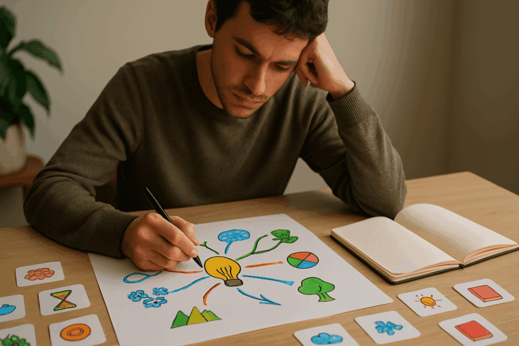 Young adult using flashcards and spaced repetition to improve recall, supporting content about what type of doctor should I see for memory problems.