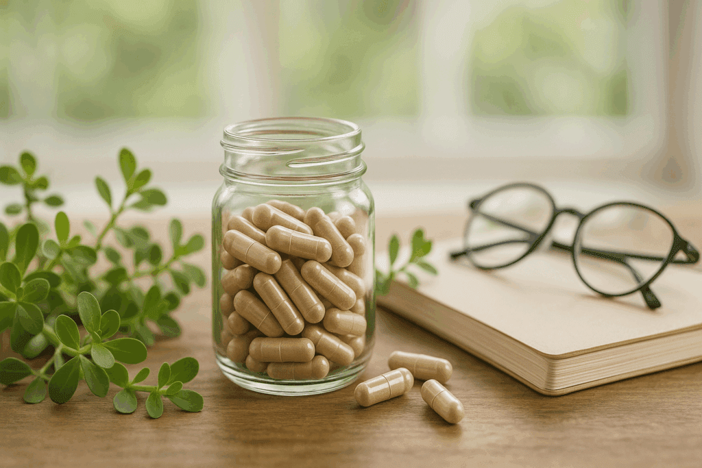 "Flat lay of Bacopa Monnieri capsules with herbs and wellness items, illustrating where to buy Bacopa Monnieri for brain health support"