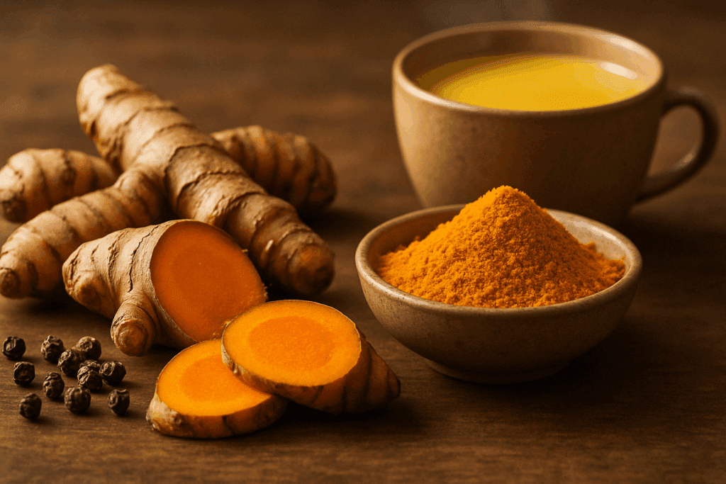 Sliced turmeric root with powder and black pepper, representing anti-inflammatory foods that help the nervous system.