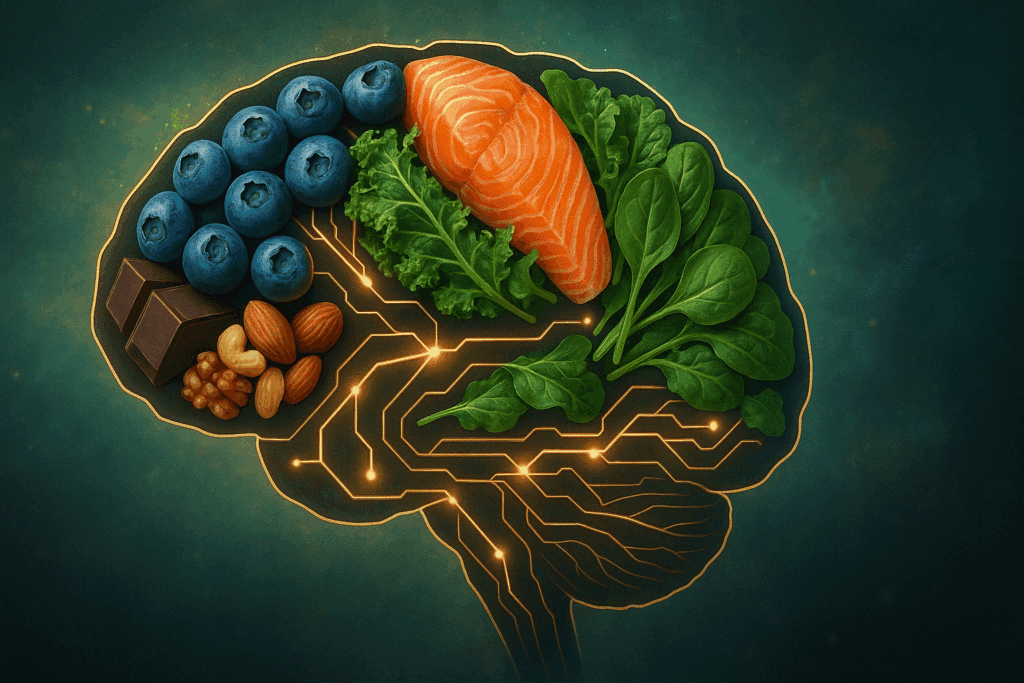 Abstract brain illustration made of nutrient-rich ingredients symbolizing the top five foods for long-term brain vitality