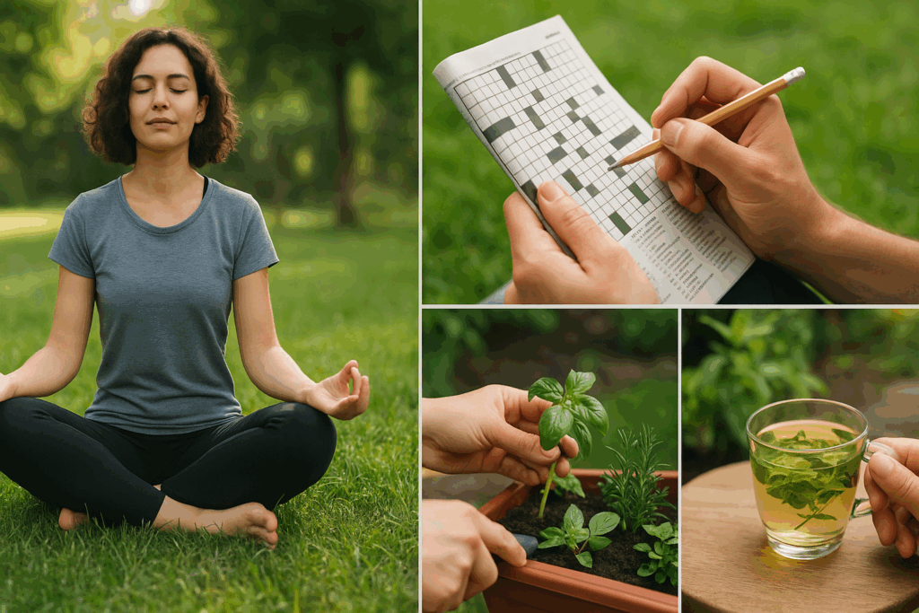 "Person meditating, solving puzzles, drinking herbal tea, and gardening to illustrate holistic approaches with the best herb for ADHD"