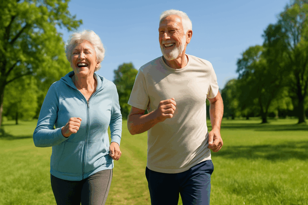Active elderly couple walking outdoors, highlighting the role of exercise in how age affects memory preservation.