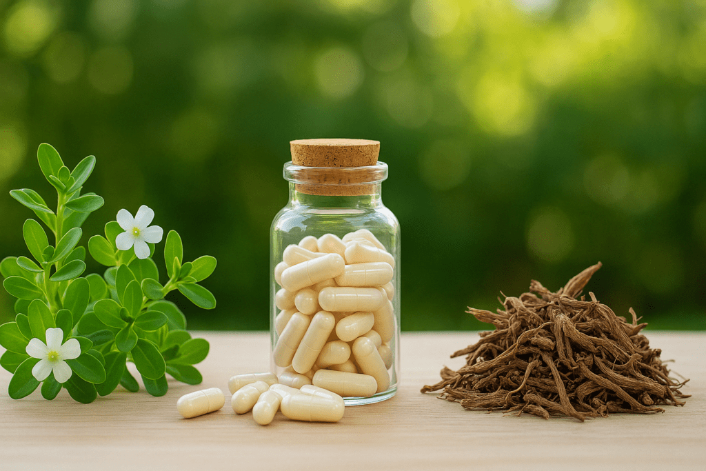 Natural herbs including Bacopa monnieri, valerian root, and melatonin shown together, comparing Bacopa Monnieri and Sleep support options