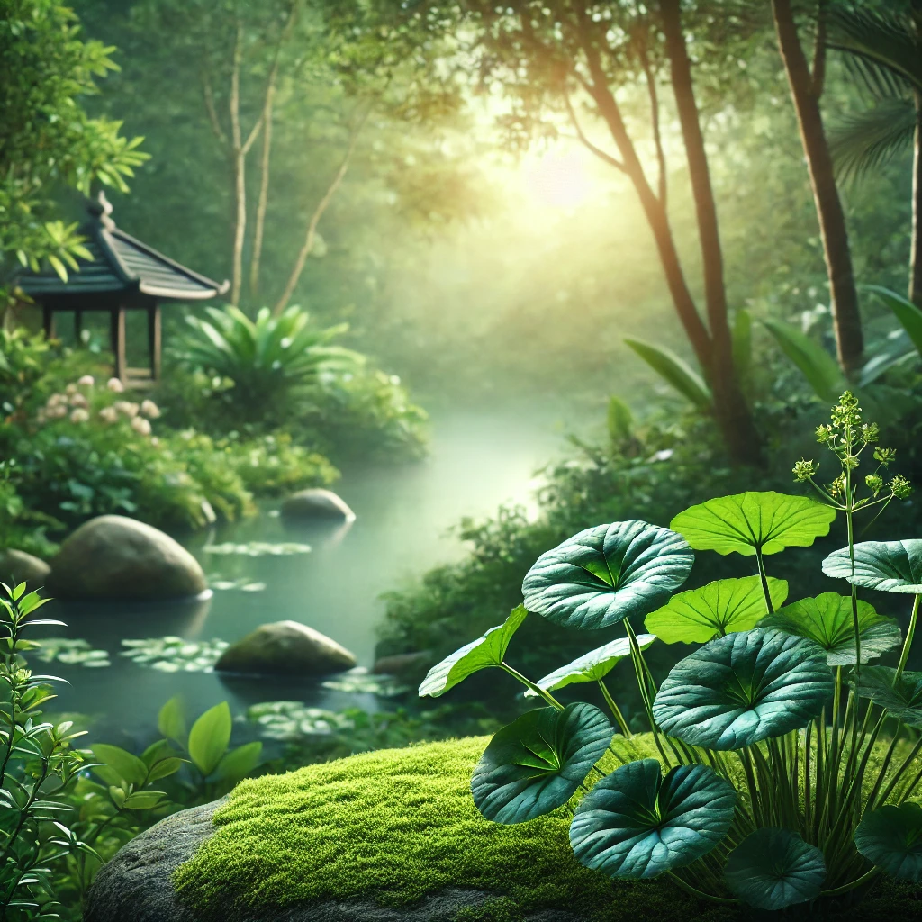 "Gotu Kola plant near a tranquil river, symbolizing cognitive clarity and emotional stability in the best herbs for