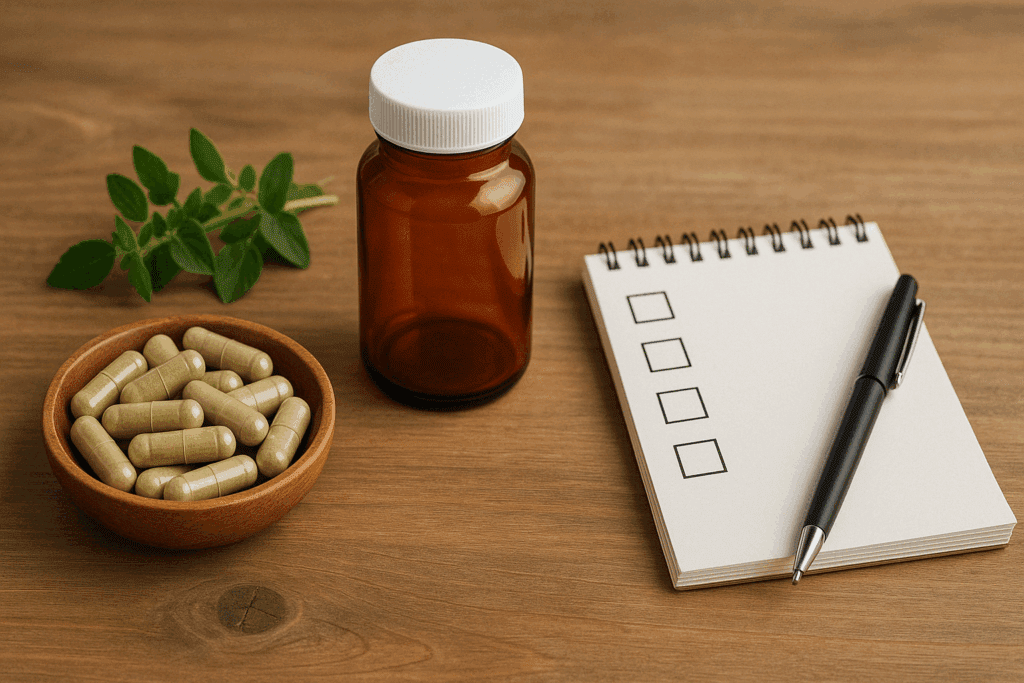 Visual of herbal capsules beside a prescription bottle, emphasizing safe use of the best herb for ADHD.
