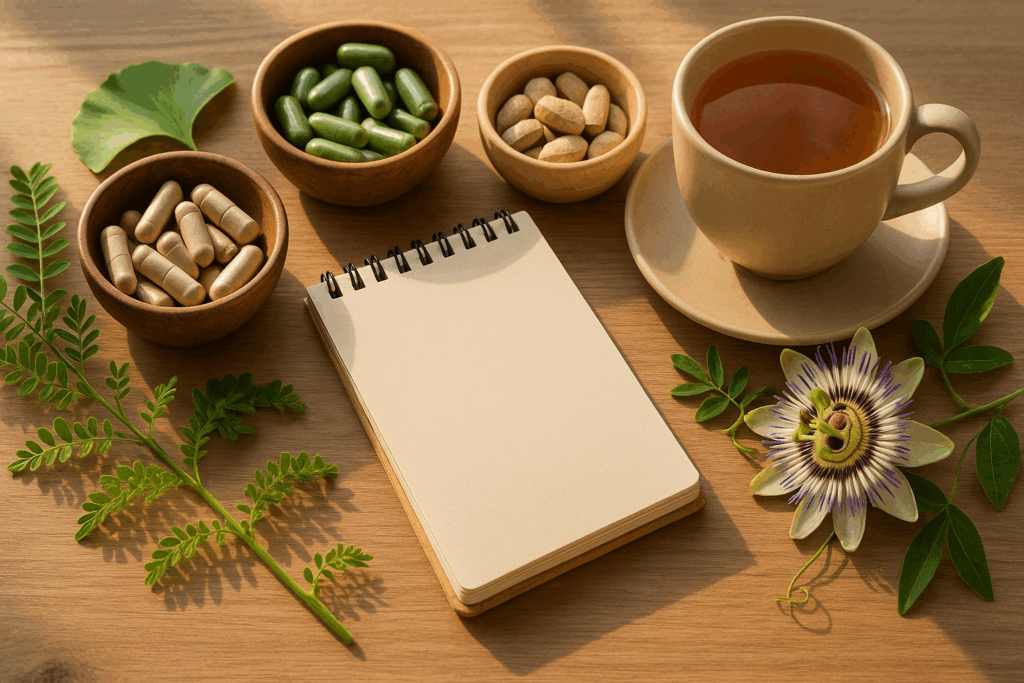 "Natural wellness table with herbs and supplements, depicting practical approaches outlined in Top Herbs for ADHD in Women"