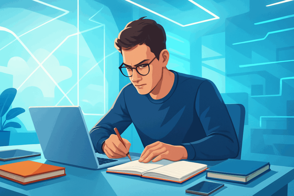 Young adult working with intense focus at a futuristic desk with organized notebooks and devices, symbolizing executive function improvement supported by NewMind Nootropics.