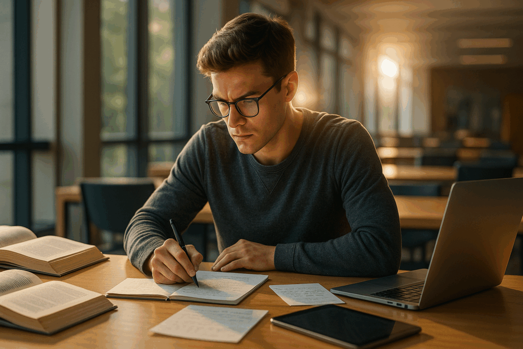 Focused student studying with open books, laptop, and notes in a sunlit library, illustrating Natural Vyvanse Alternatives for academic performance.