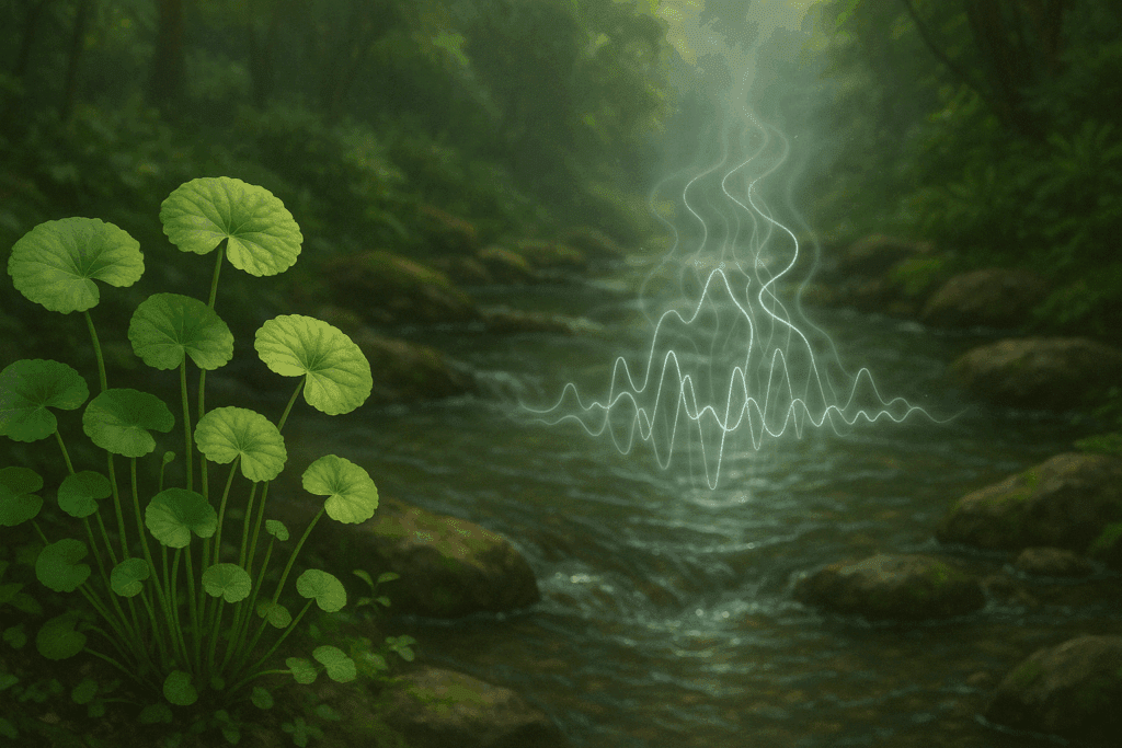Lush Gotu kola plants by a stream, representing mental clarity and circulation from the best herbs for ADHD