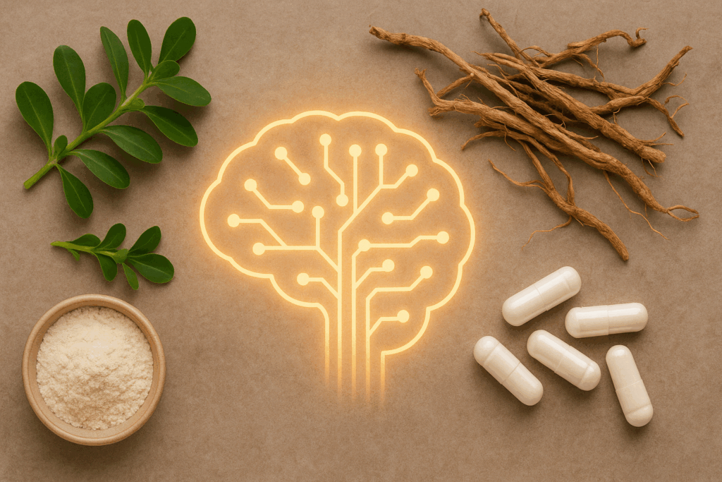 Flat lay of natural over-the-counter performance enhancers including Bacopa monnieri leaves, Rhodiola roots, citicoline capsules, and magnesium threonate powder arranged around a glowing brain illustration.