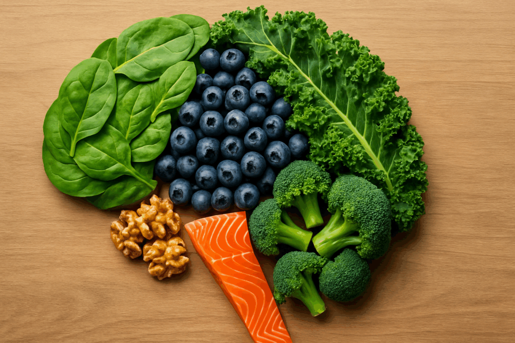 Close-up of ginkgo biloba, bacopa monnieri, and fresh spinach emphasizing natural herbs that support cognitive clarity and smart decision making examples