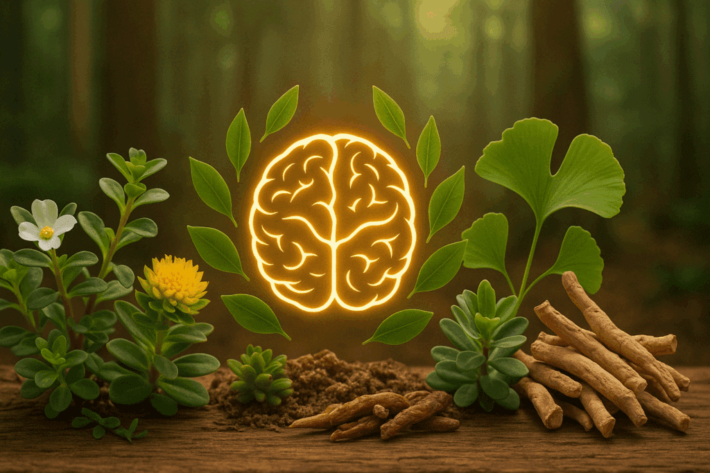 Herbal medicine scene with Bacopa, Ginkgo, and Ashwagandha surrounding a glowing brain to represent the best herb for ADHD and cognitive support.