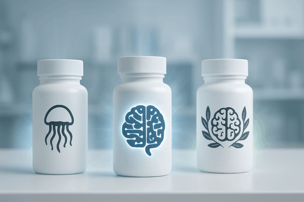 RediMind vs Alpha Brain supplement bottles in a lab setting, shown with a third jellyfish-labeled bottle representing Prevagen