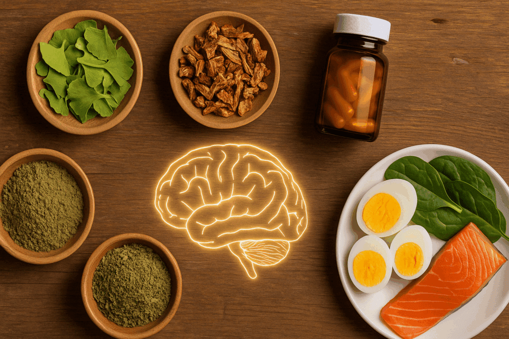 Herbs and B12-rich foods arranged with a symbolic brain image to support finding the best herb for ADHD naturally
