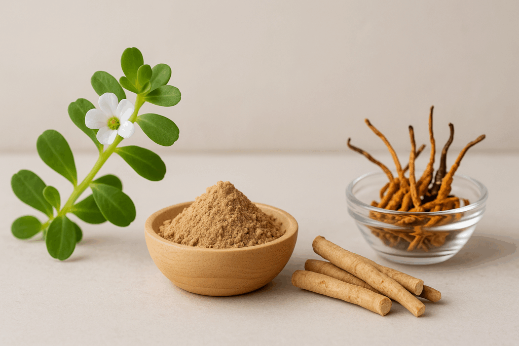 "Where to buy Bacopa Monnieri: Bacopa Monnieri alongside other adaptogens like Rhodiola, Lion's Mane, and Reishi mushrooms, showing cognitive and emotional support."