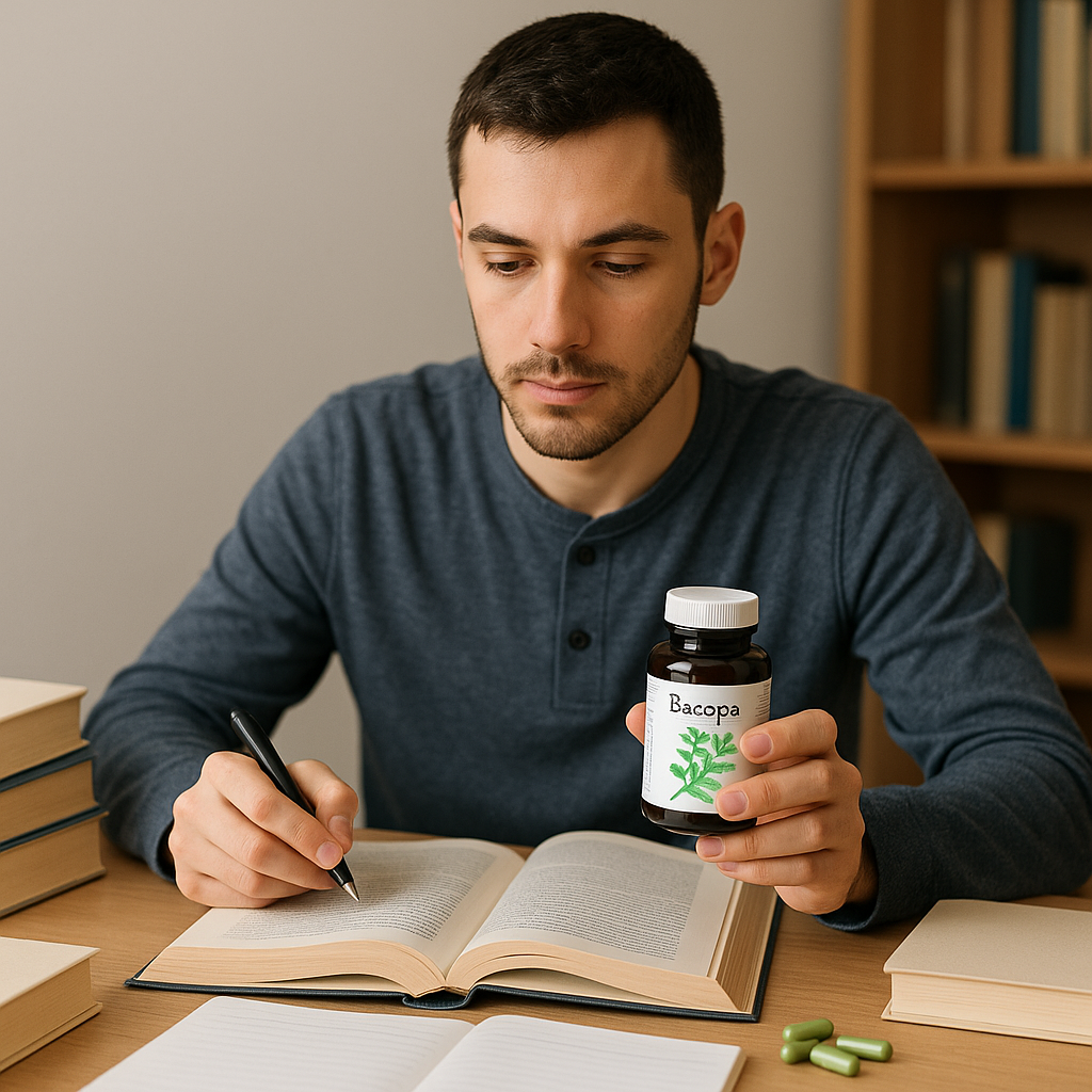 "Student studying with Bacopa monnieri supplements on the desk, illustrating where to buy Bacopa monnieri for enhanced cognitive function and focus."