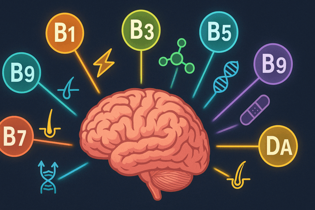 Diagram of eight B vitamins connected to different brain functions, highlighting the full impact of vitamin B for brain function