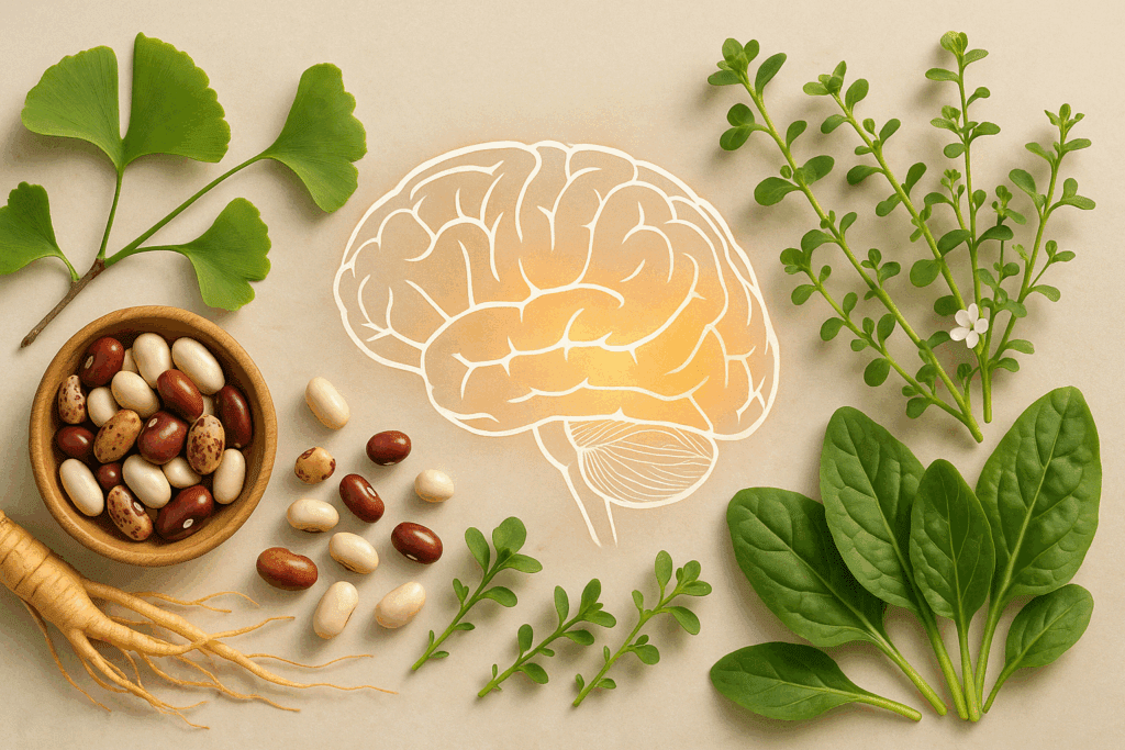 Herbs like Ginkgo biloba and Bacopa monnieri arranged around a glowing brain, symbolizing the best herb for ADHD and natural cognitive support.