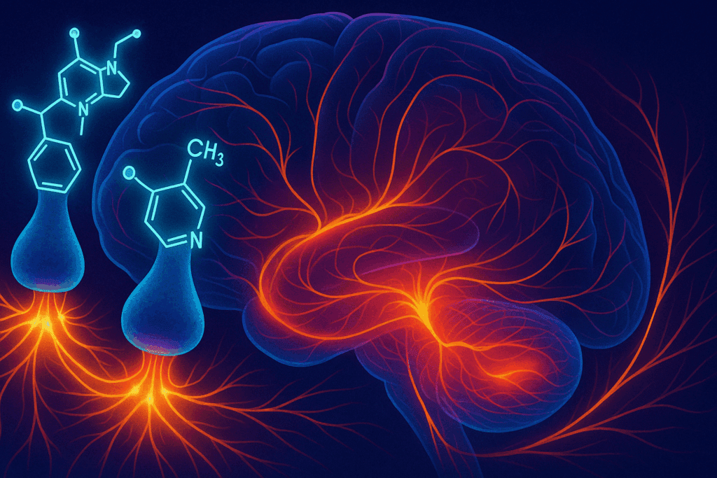 Scientific visualization of psilocybin interacting with serotonin receptors to support brain health in psilocybin and dementia studies.