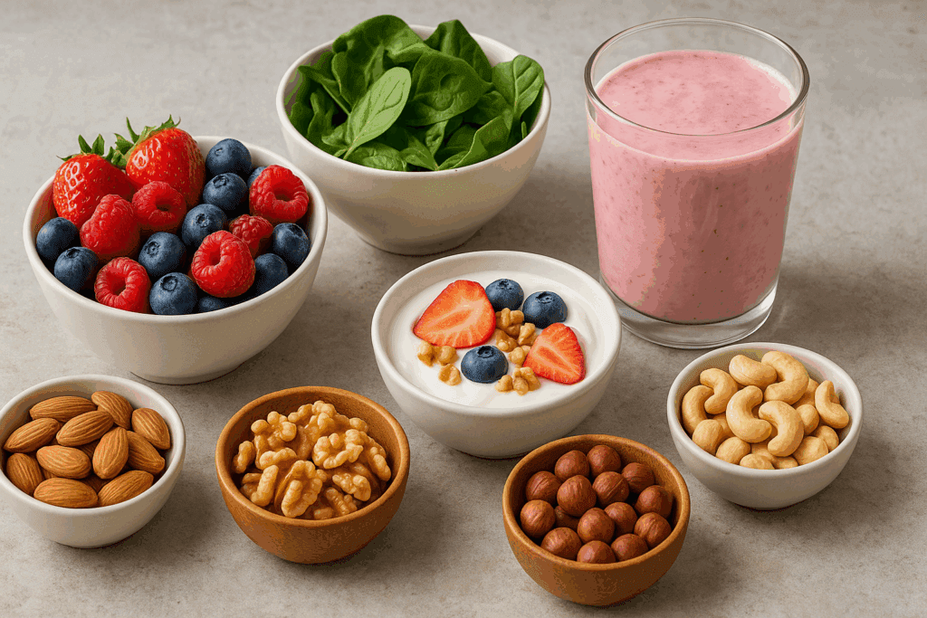 Nut-based snack with berries and greens as a daily habit answer to are nuts good for brain health