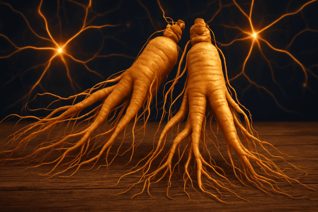 Fresh Panax ginseng roots on a wooden table with glowing brain-inspired visuals symbolizing natural stimulants for focus and energy