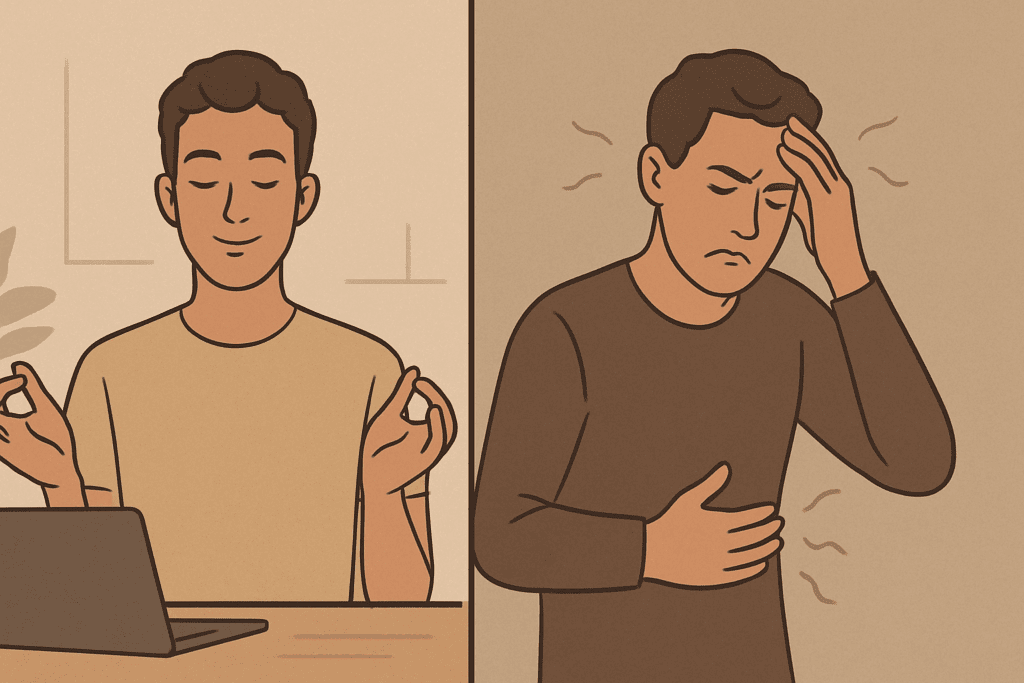 "Split-screen showing how Alpha Brain may support better decision-making, with one person calm and focused, and the other experiencing mild discomfort."