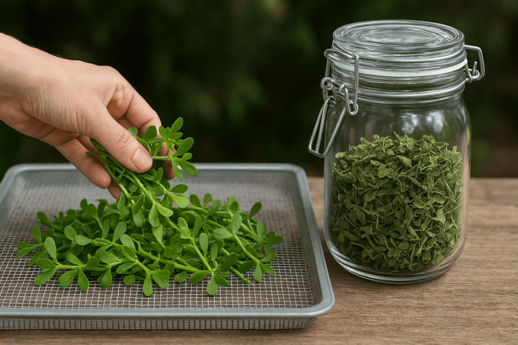 Freshly harvested Brahmi leaves laid out to dry next to an airtight jar, showing storage methods in how to grow your own Brahmi plant for long-term use.