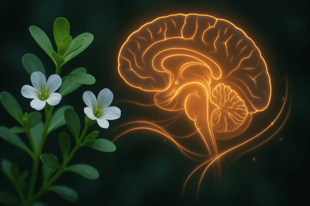Ginkgo leaves and brain illustration symbolizing how the best herb for ADHD supports focus and mental clarity