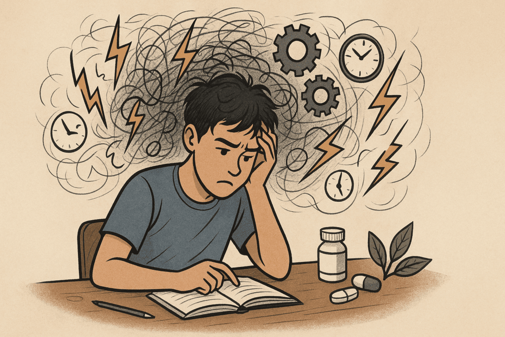 "Person surrounded by visual distractions symbolizing ADHD symptoms while exploring the best herb for ADHD treatment alternatives"